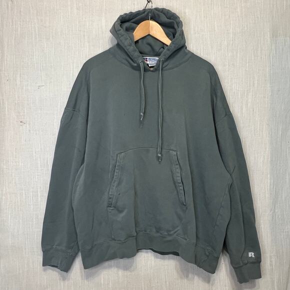 Y2K Russell Athletic Pro Cotton Black Size XXL Thrashed Green Hoodie Sweatshirt - Picture 1 of 10